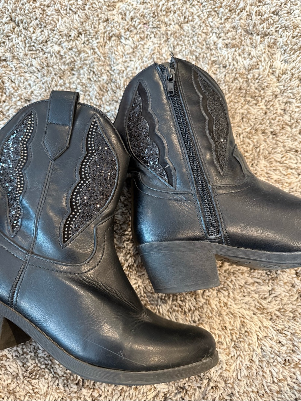 Kids Black Glitter Western Ankle Boots with Side Zip